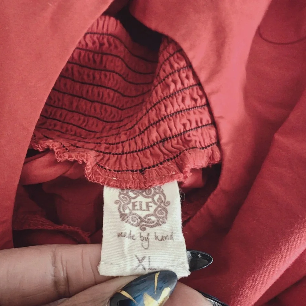 Red Cotton Puff Sleeve Babydoll Pintuck Tiered Mini Dress made by E.L.F. XL - Picture 6 of 11